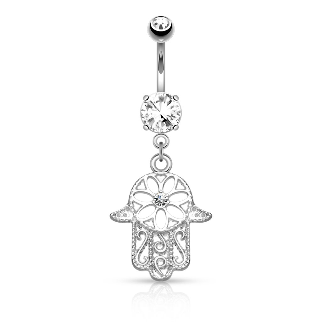 Belly button ring with stones and hamsa hand dangle
