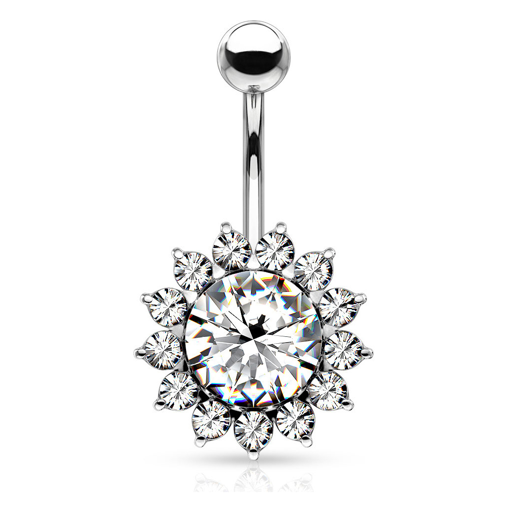 Belly button ring with sunflower-like bottom bead