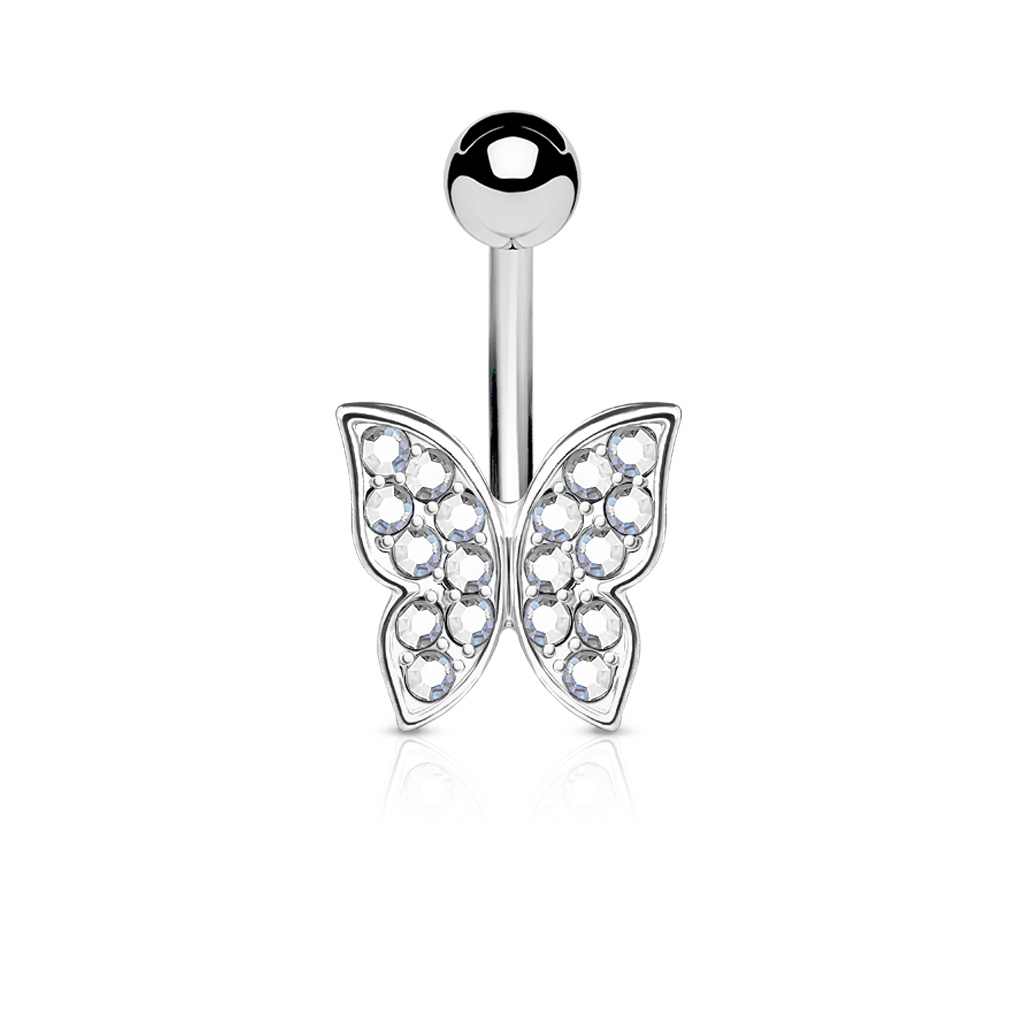 Belly button ring with studded butterfly charm