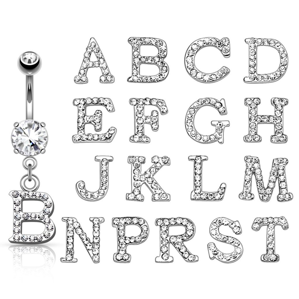 Belly button ring with studded letter dangle
