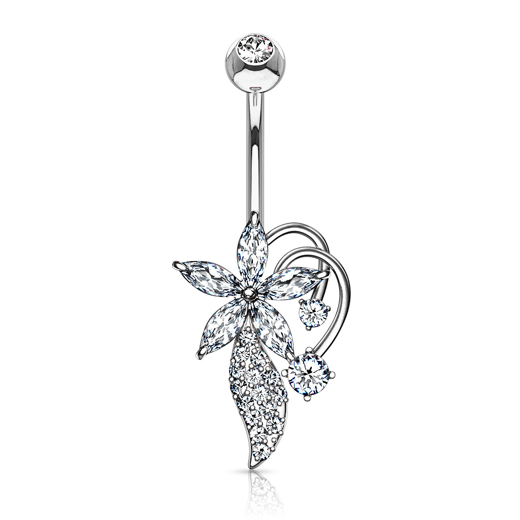 Belly button ring with marquise stones flower