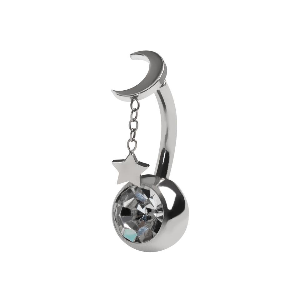 Titanium belly ring with floating moon and star