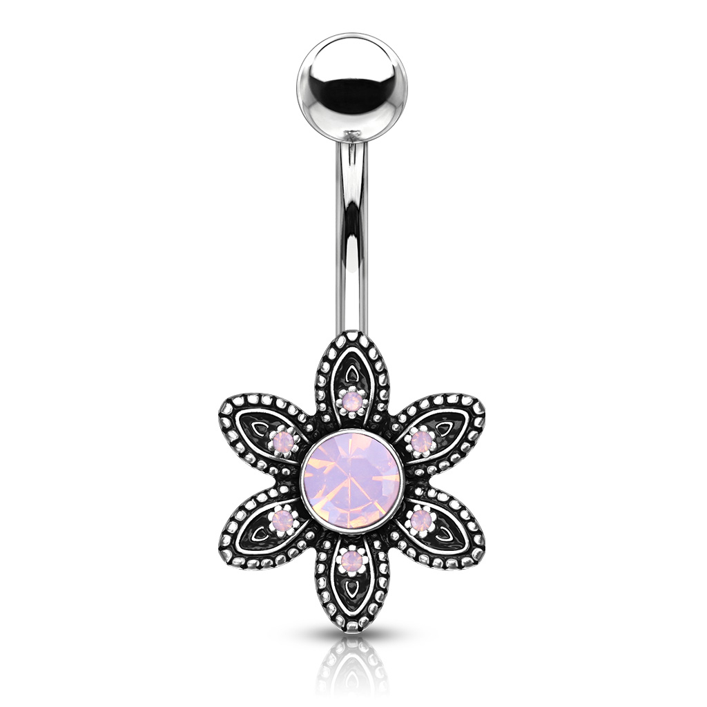 Belly button ring with flower and round opalite