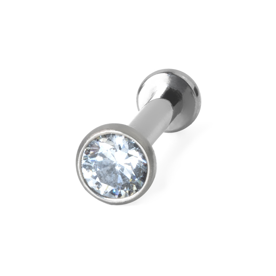 Push-in labret made of titanium with bezel set stone
