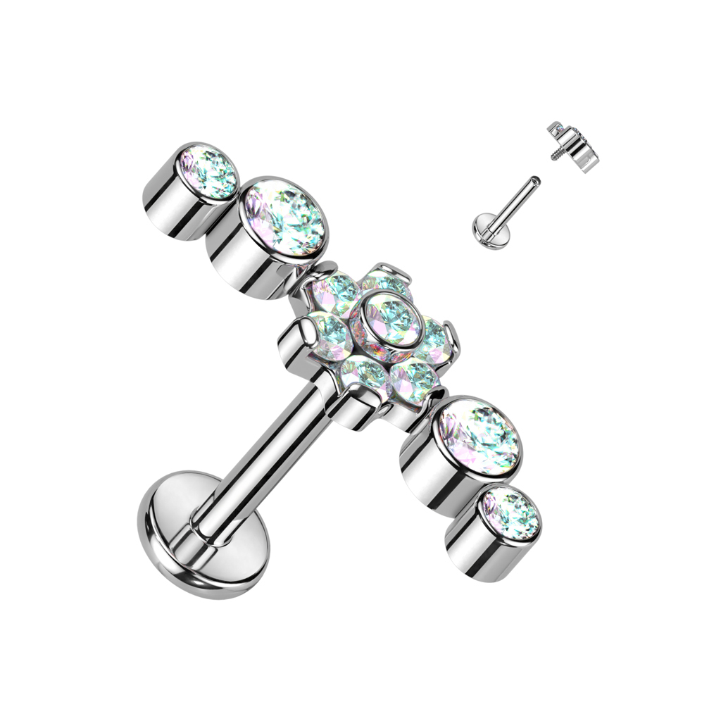 Titanium labret with central flower and CZ stones