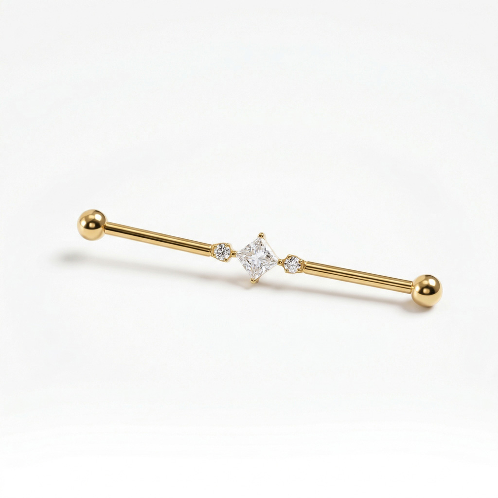 Titanium industrial barbell with square central stone