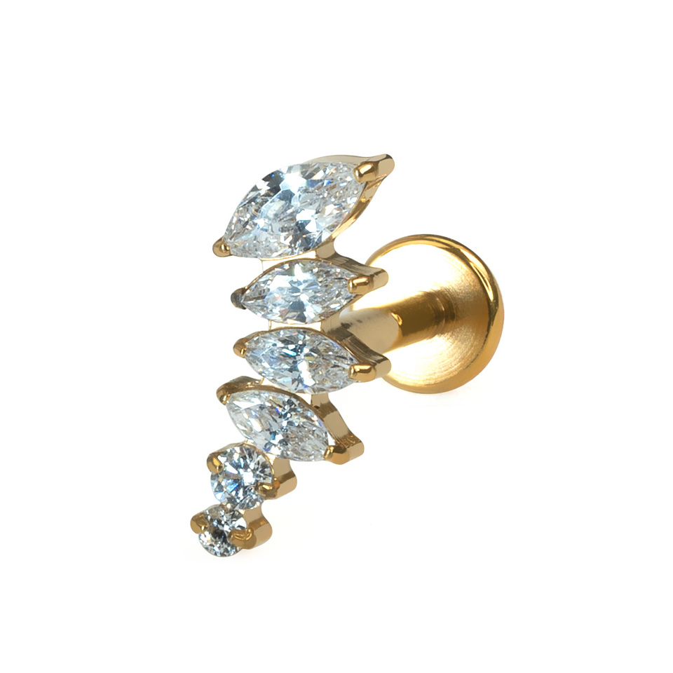 Curved titanium labret with stones in decreasing sizes