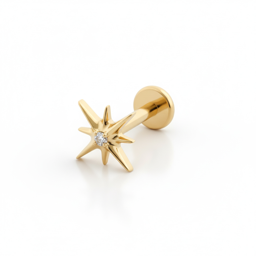 Star labret with central stone in titanium