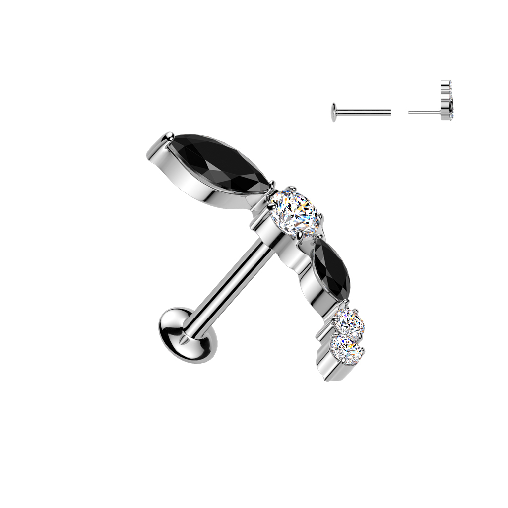 Curved labret with black and clear stones