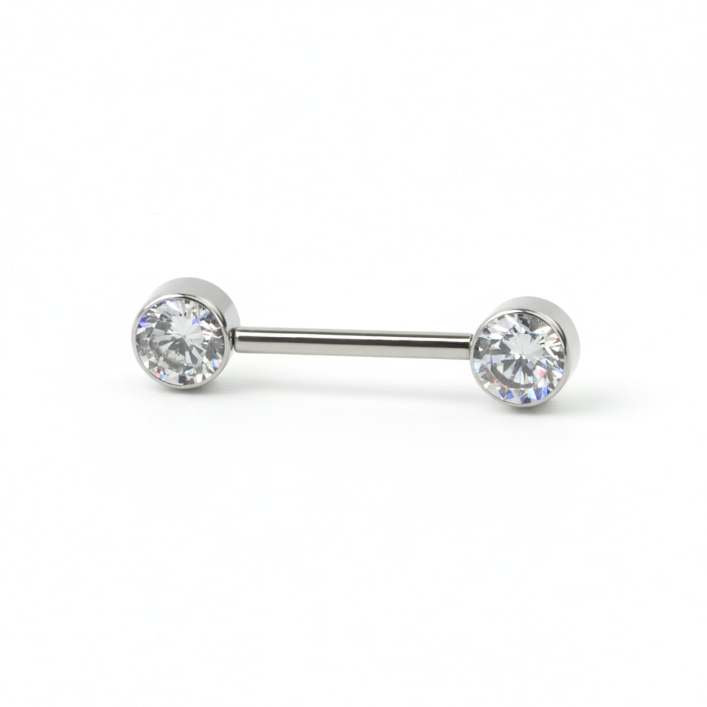 Nipple barbell made of titanium with threadless push-in bezel set stones