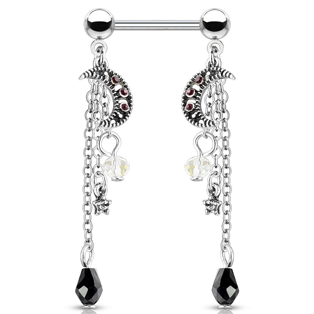 Nipple piercing with stars and moons on pendants