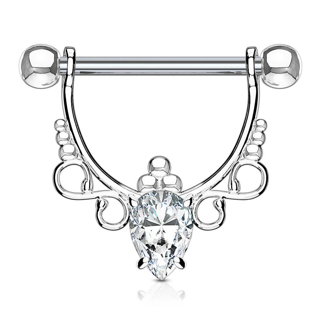 Nipple shield with a filigree design and a pear-shaped stone