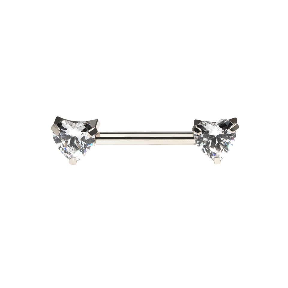 Titanium nipple barbell with heart shaped CZ stones