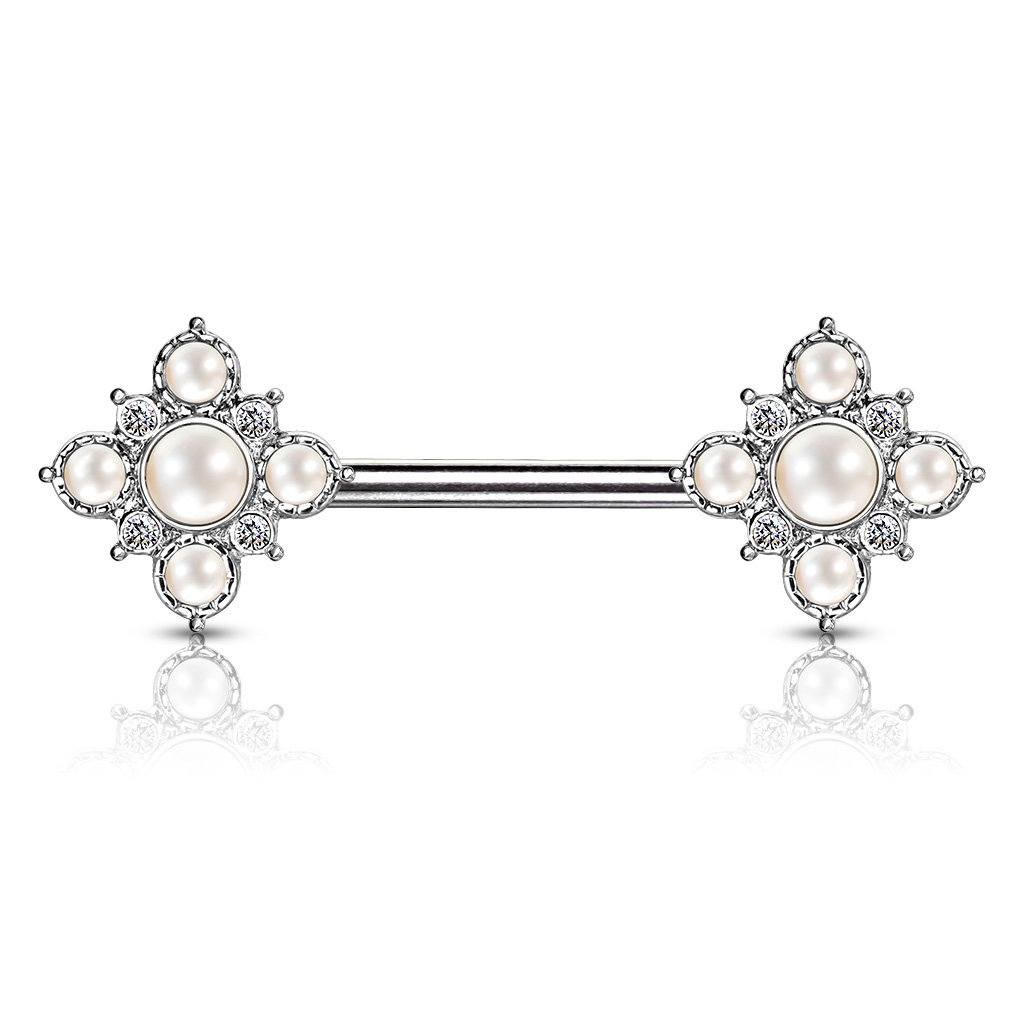 Nipple barbell with flowers of pearls