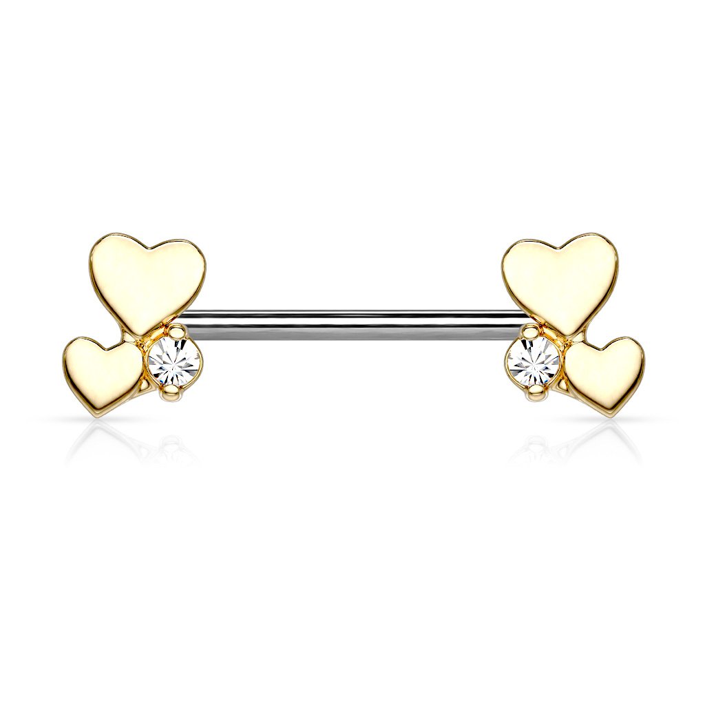 Nipple barbell with two hearts and gem