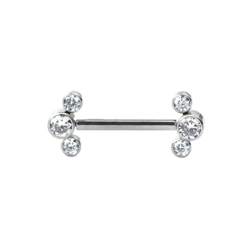 Threadless nipple barbell with 3 CZ bezel set ends
