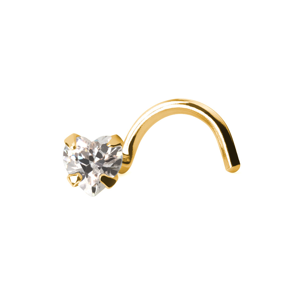 14k gold nose screw with heart-shaped stone