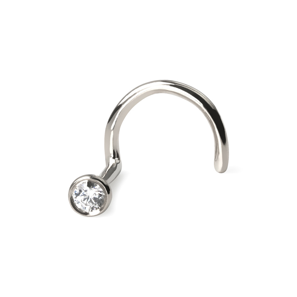 14k gold nose screw with bezel-set crystal gem