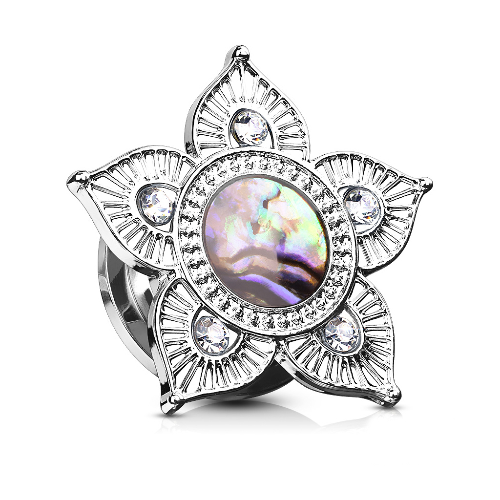Plug with lotus flower and mother of pearl gemstone
