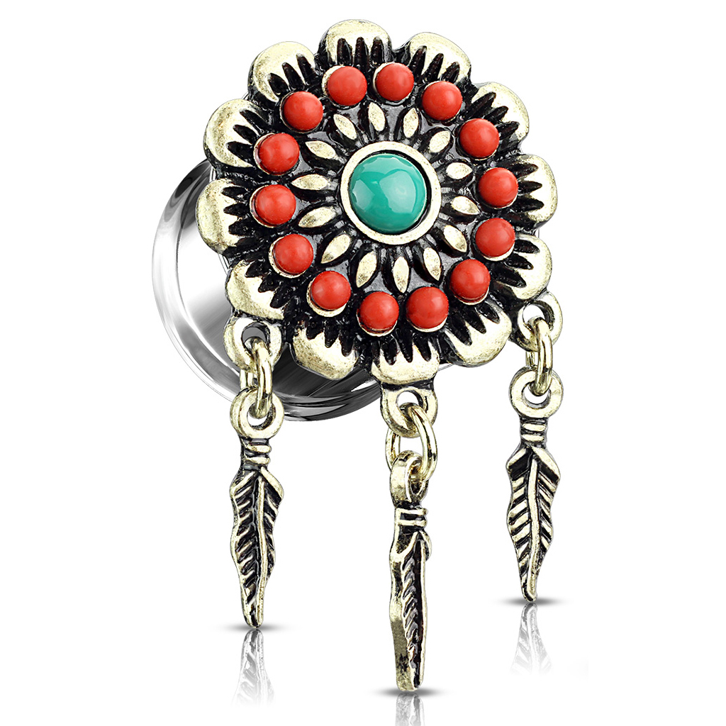 Plug with flower and hanging feathers