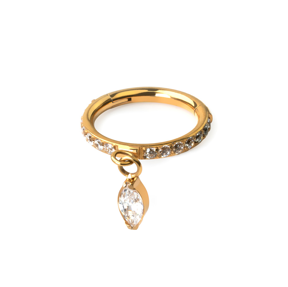 Titanium hinged ring with forward facing stones and marquise cut charm