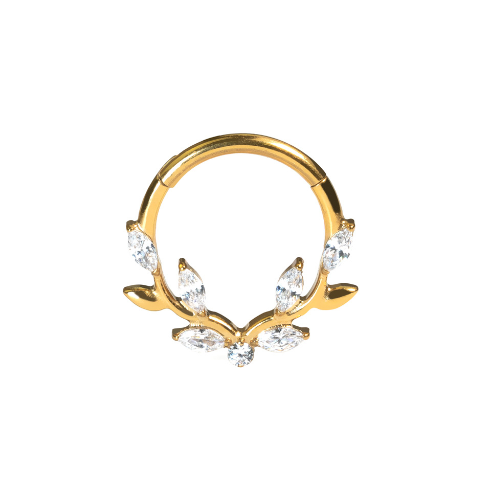 Forward facing titanium clicker ring with vine leaves and stones