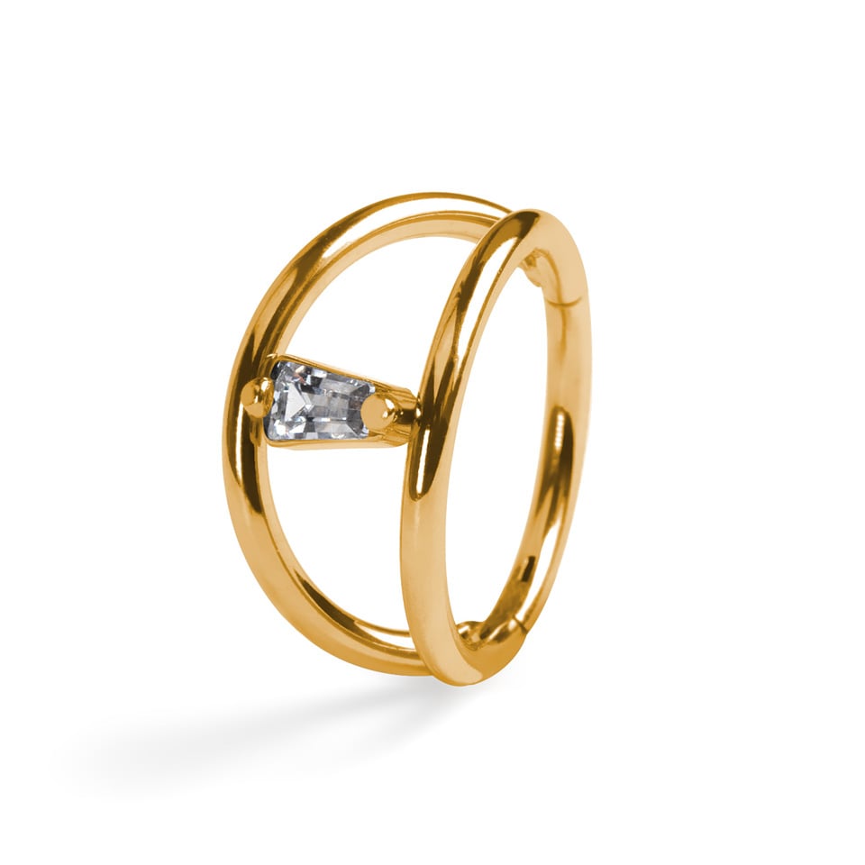 Titanium double ring with interconnecting stone
