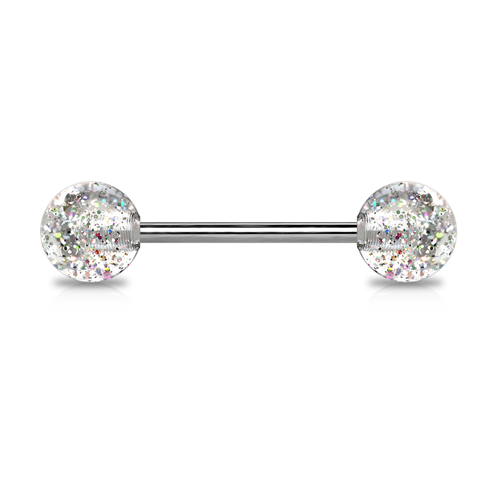 Tongue barbell made of titanium with glitter balls