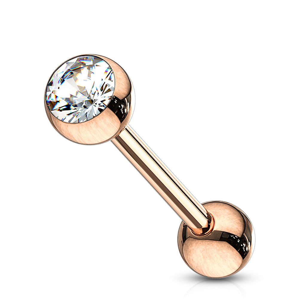 Tongue barbell rose gold-plated with bezel-set gem
