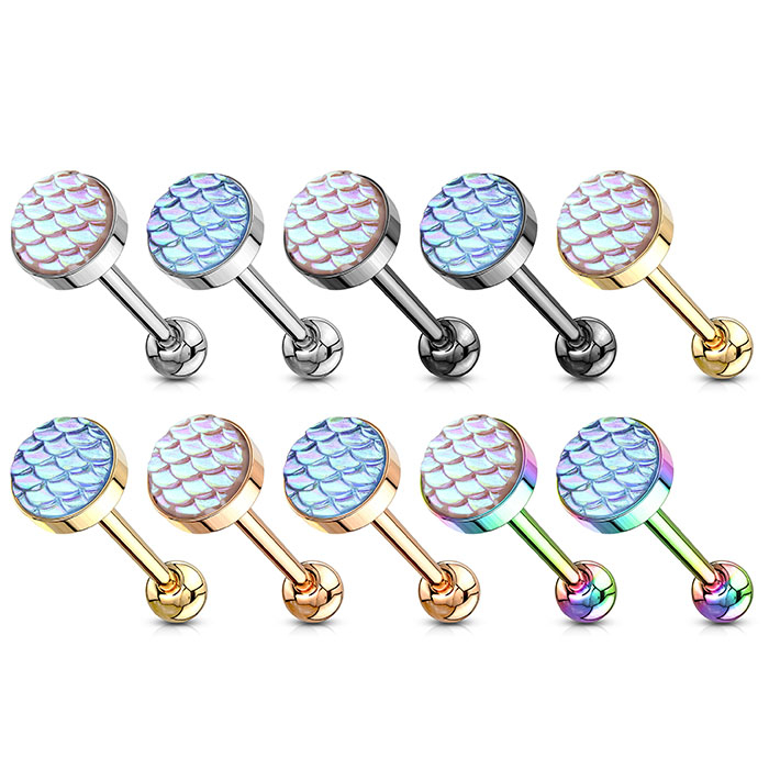 Tongue barbell with nuance changing scales design