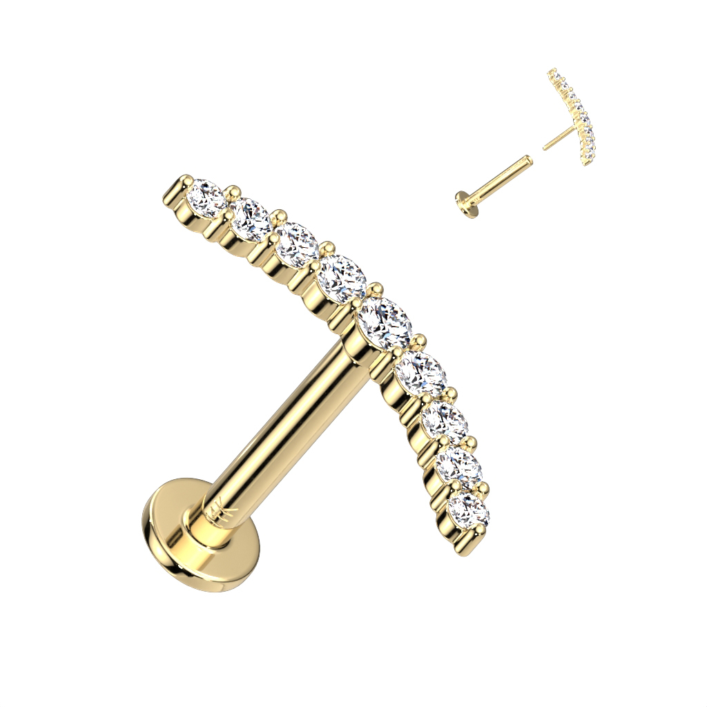 Zakrivljeni labret od 14K zlata s cirkonima