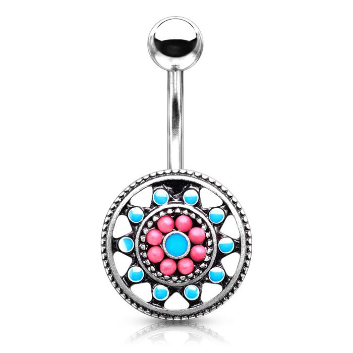 Gold Plated Surgical Steel Twister Multi CZ Paved Flower Belly Bar Navel Ring