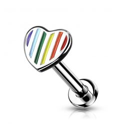 Labret with internally threaded striped rainbow heart
