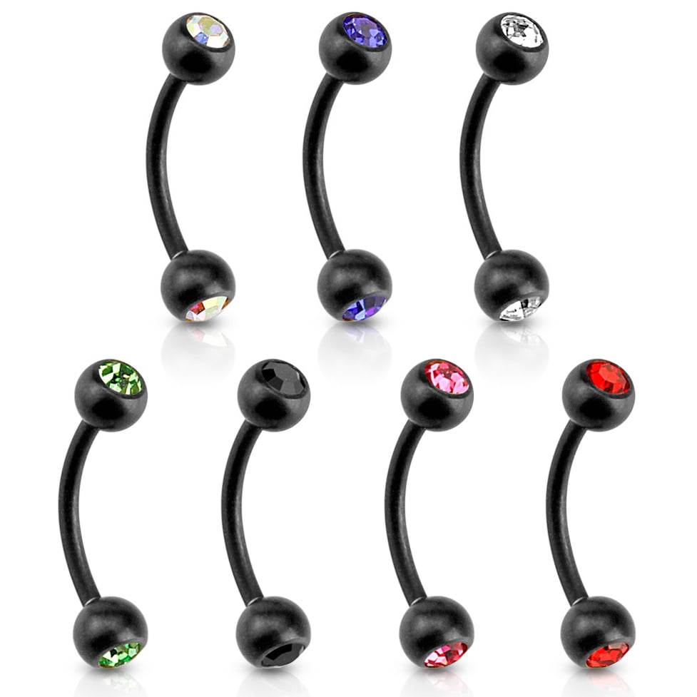 Curved barbell in black matte color with bezel-set stones