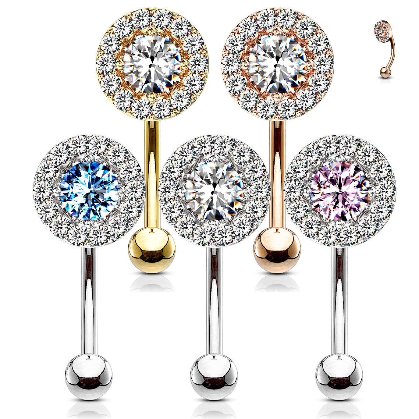 Curved barbell with central gem in a variety of colors