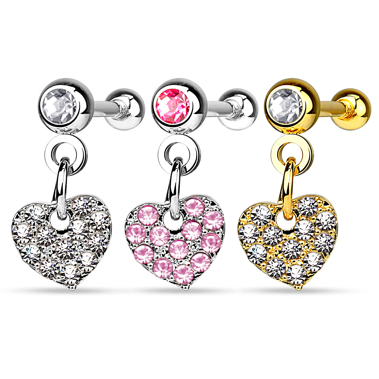 Ear piercing with studded heart dangle