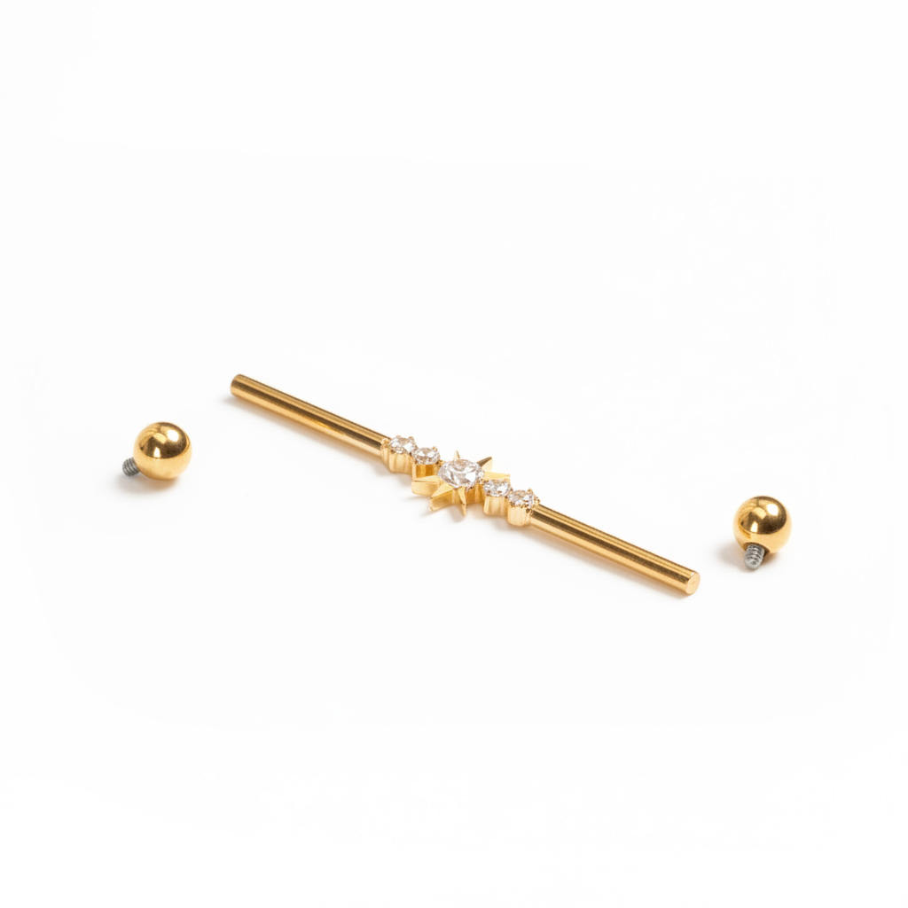 Industrial barbell with central star and gemstones in titanium