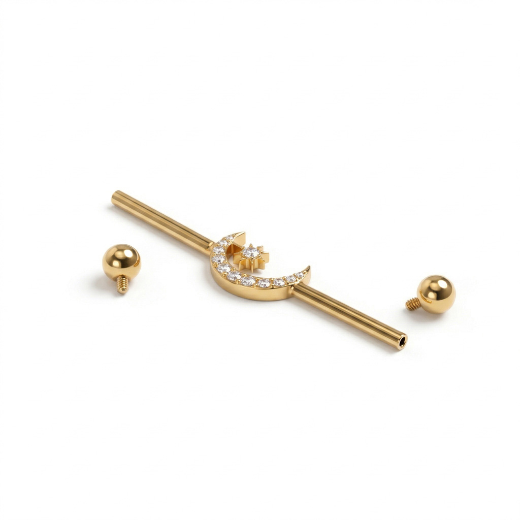 Industrial barbell in titanium with central moon and star