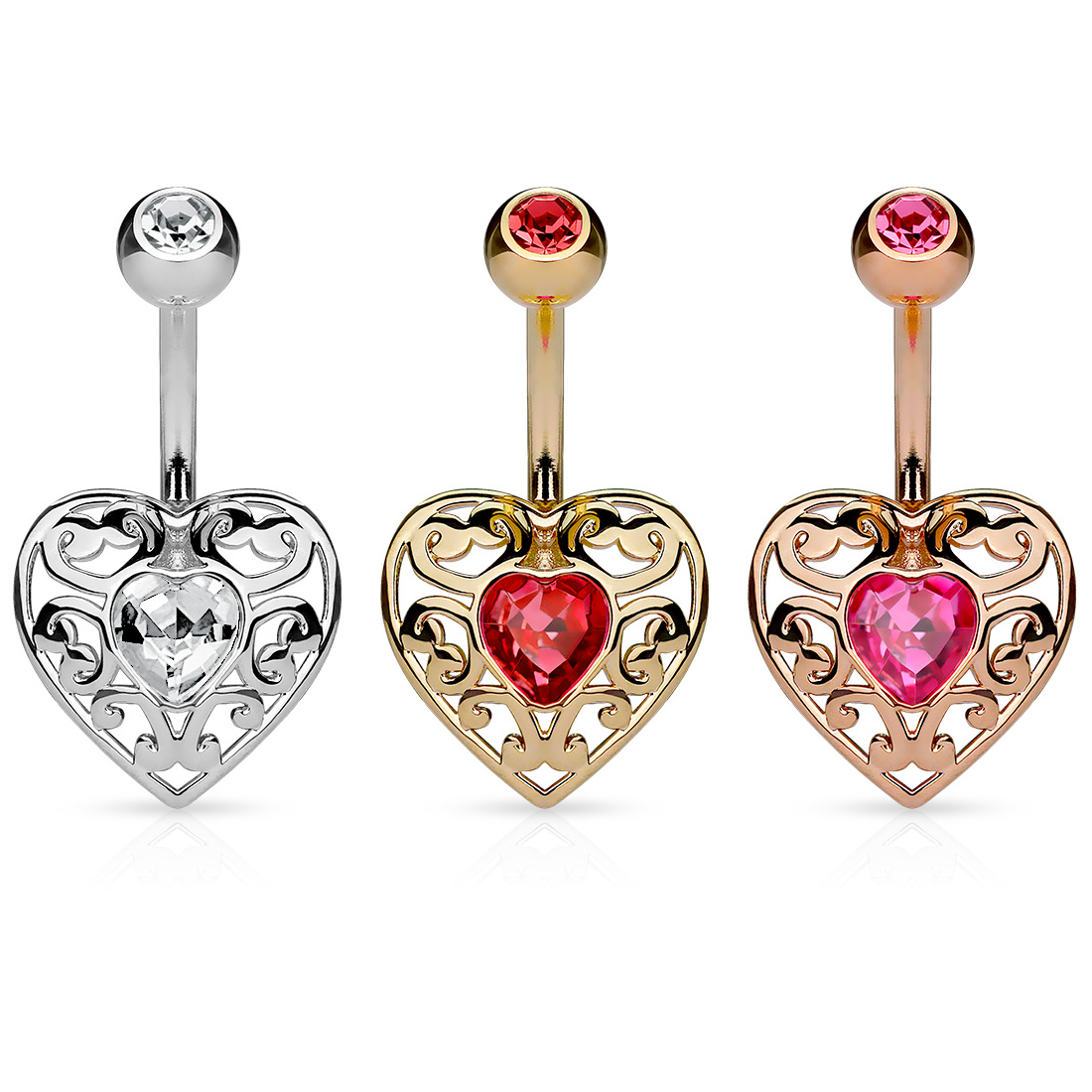 Zaobljena šipkica za pupak s privjeskom u obliku srca s kamenčićima