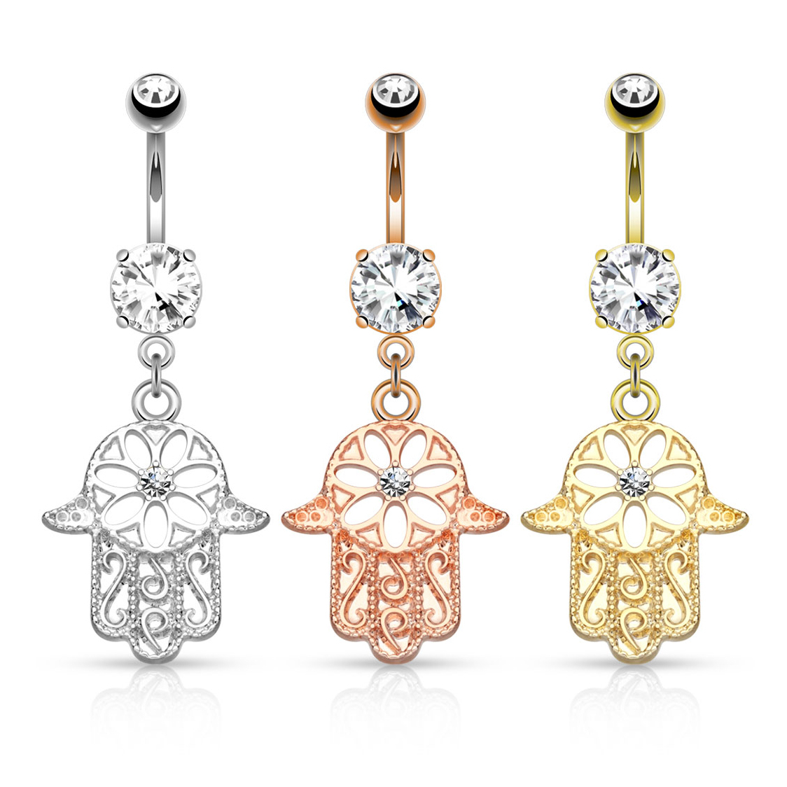 Belly button ring with stones and hamsa hand dangle