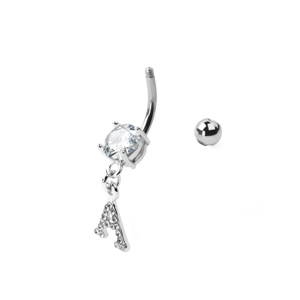 Belly button ring with studded letter dangle