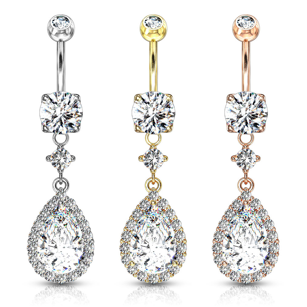 Belly button ring with drop-shaped stone dangle