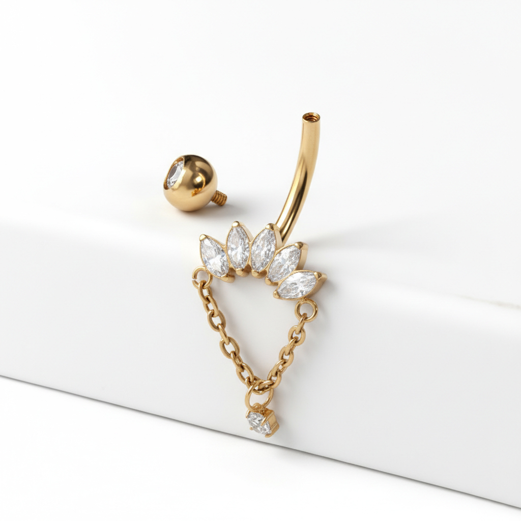 Nakit za pupak s ovalno brušenim kamenčićima i lancem