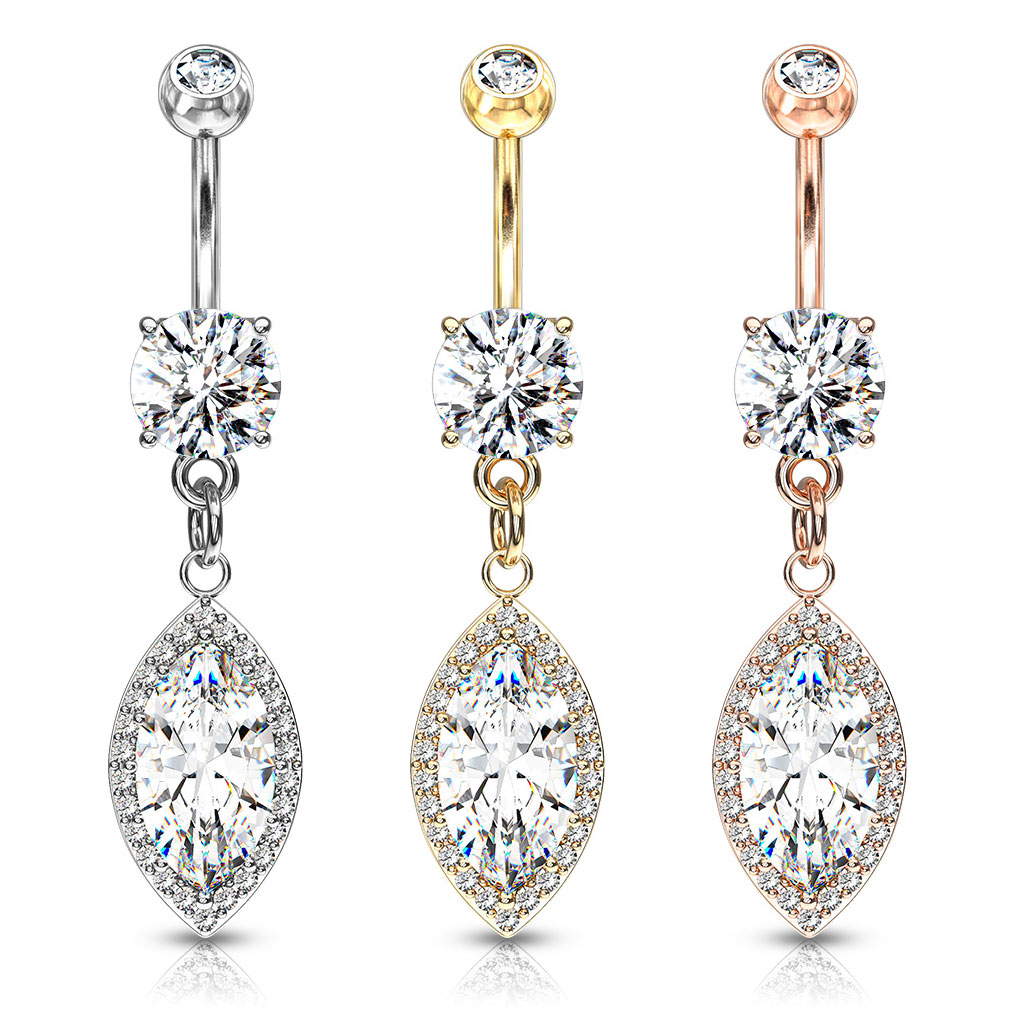 Zaobljena šipkica za pupak s visećm ovalno brušenim kamenčićem