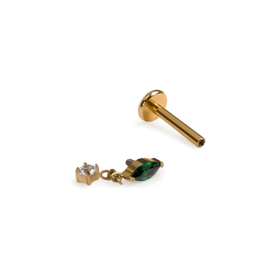 Titanium labret with emerald colored stone and dangle