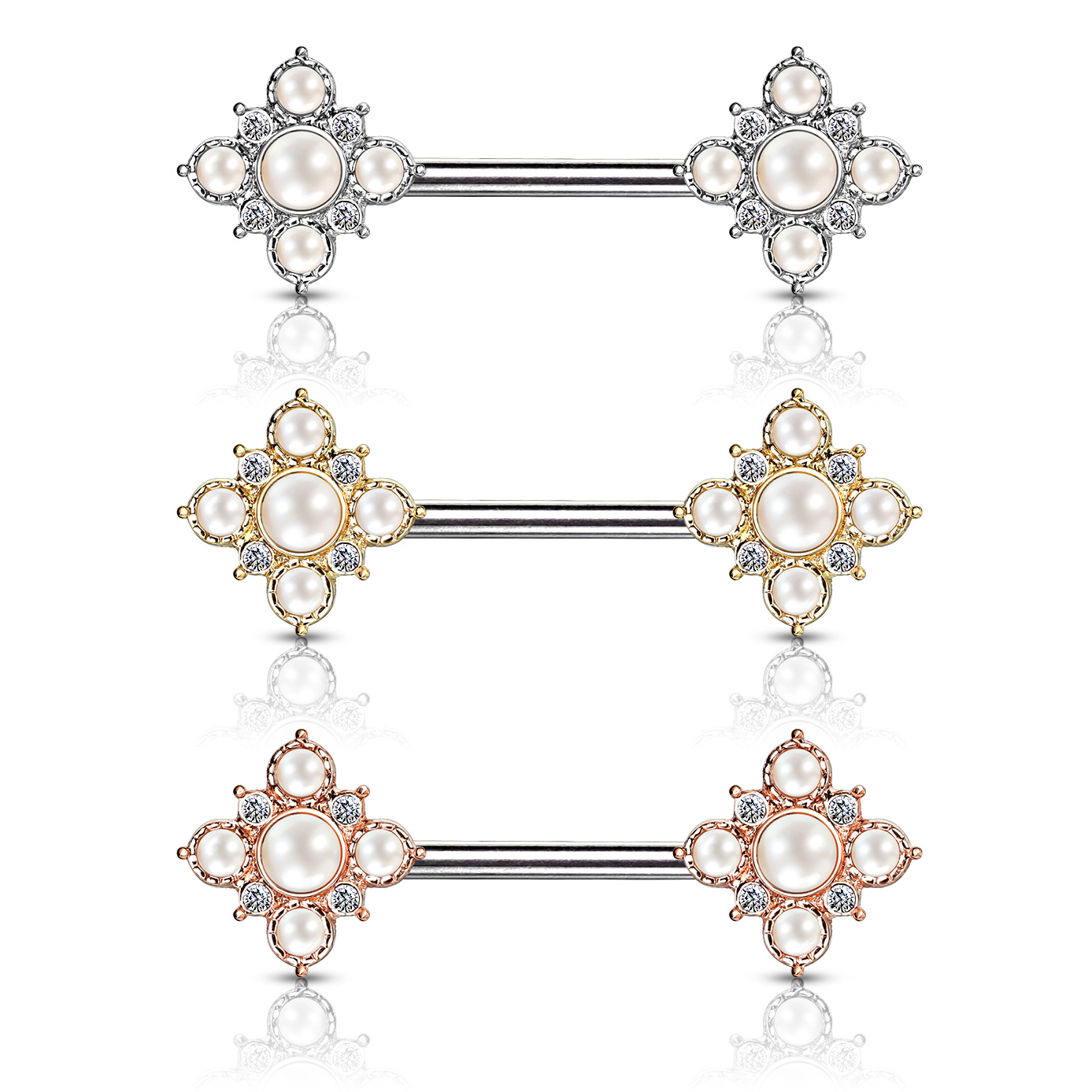 Nipple barbell with flowers of pearls