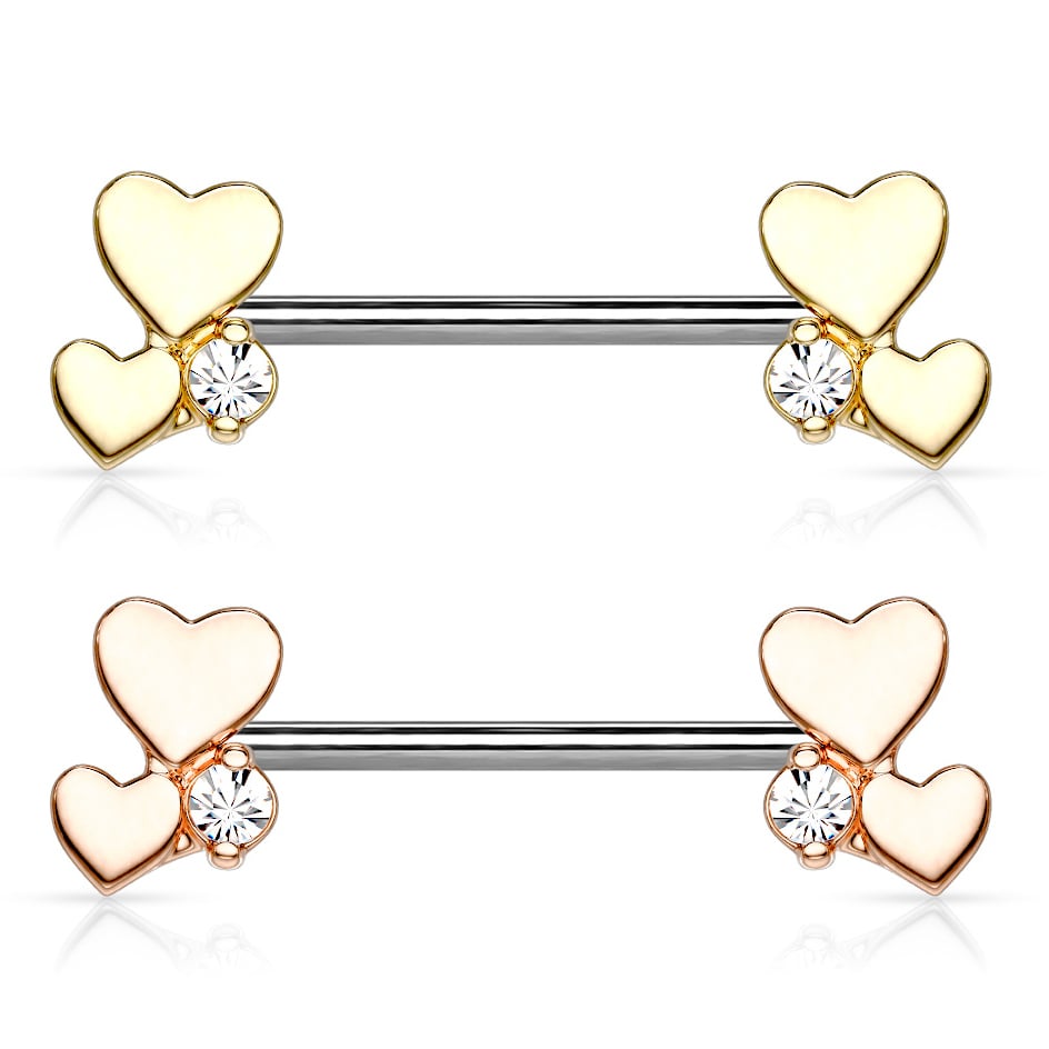 Nipple barbell with two hearts and gem