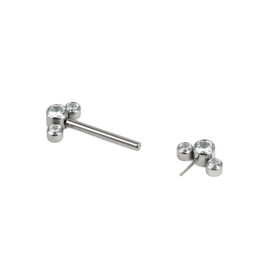 Threadless nipple barbell with 3 CZ bezel set ends