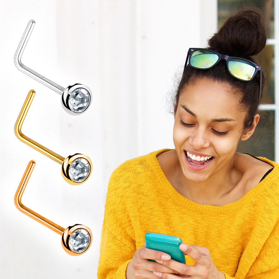 14k gold nose ring with bezel-set crystal gem