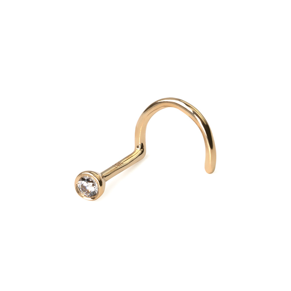 14k gold nose screw with bezel-set crystal gem